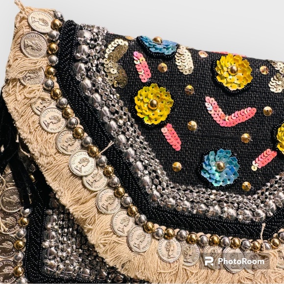 Bohemian Envelope Wristlets Banjara Clutch Black Color With tassels - Picture 2 of 4